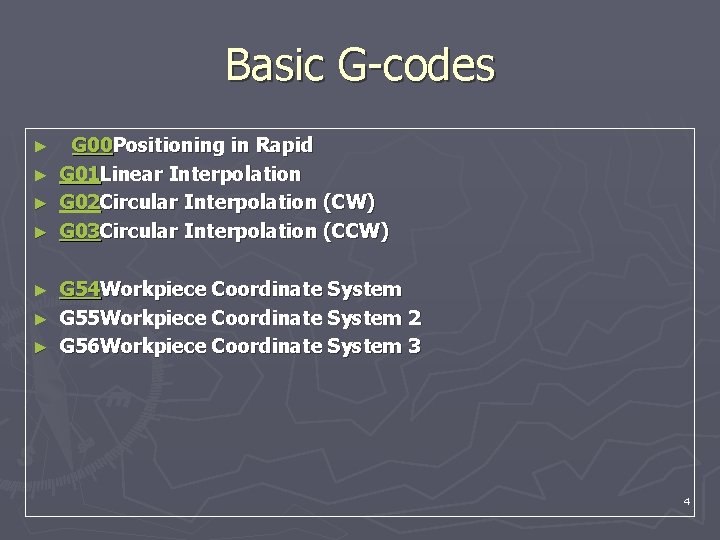 Basic G-codes G 00 Positioning in Rapid ► G 01 Linear Interpolation ► G