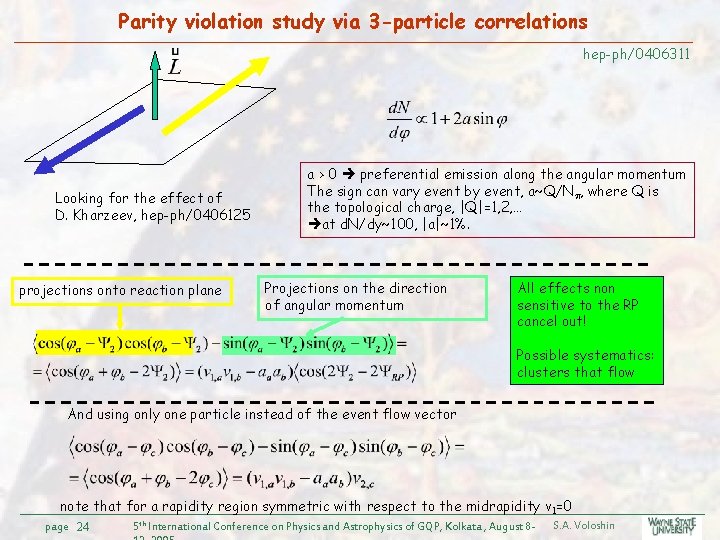 Parity violation study via 3 -particle correlations hep-ph/0406311 Looking for the effect of D.