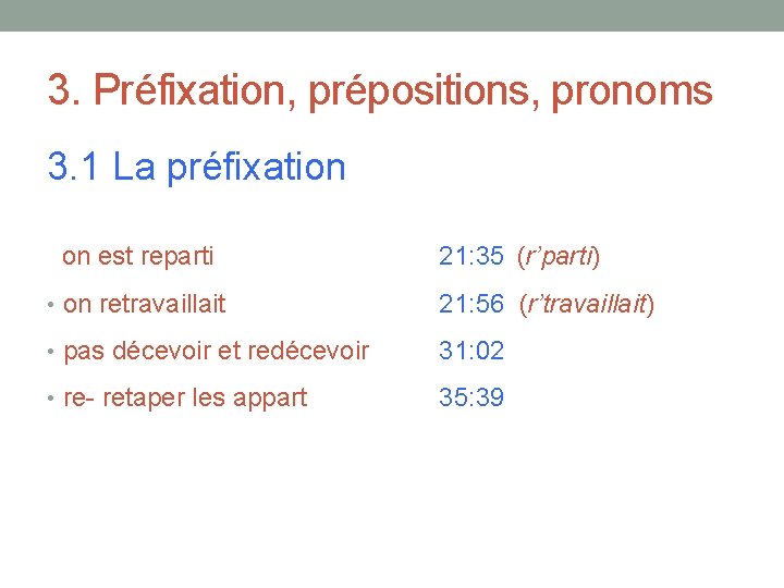 3. Préfixation, prépositions, pronoms 3. 1 La préfixation on est reparti 21: 35 (r’parti)