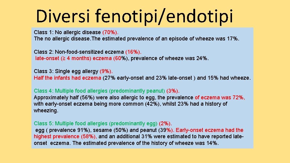 Diversi fenotipi/endotipi Class 1: No allergic disease (70%). The no allergic disease. The estimated