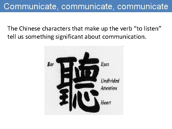 Communicate, communicate The Chinese characters that make up the verb “to listen” tell us