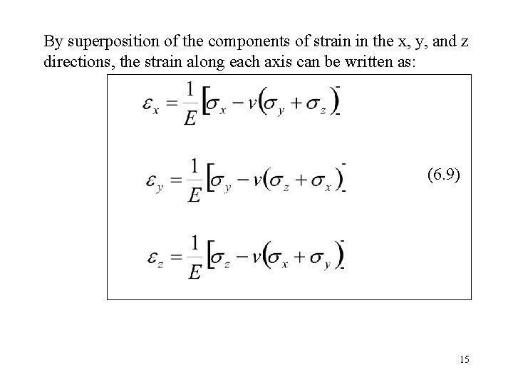 By superposition of the components of strain in the x, y, and z directions,