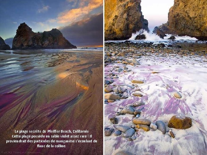 La plage secrète de Pfeiffer Beach, Californie Cette plage possède un sable violet assez
