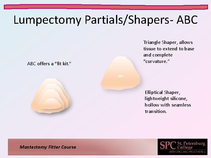 Lumpectomy Partials/Shapers- ABC offers a “fit kit. ” Triangle Shaper, allows tissue to extend