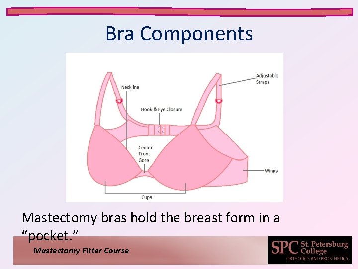 Bra Components Mastectomy bras hold the breast form in a “pocket. ” Mastectomy Fitter