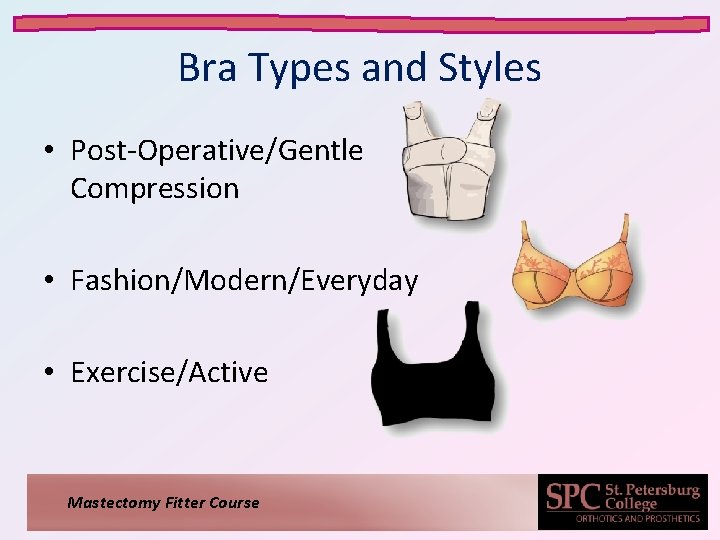 Bra Types and Styles • Post-Operative/Gentle Compression • Fashion/Modern/Everyday • Exercise/Active Mastectomy Fitter Course