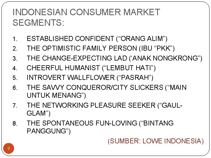 INDONESIAN CONSUMER MARKET SEGMENTS: 1. 2. 3. 4. 5. 6. 7. 8. 8 ESTABLISHED