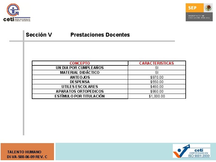 Sección V Prestaciones Docentes CONCEPTO UN DIA POR CUMPLEAÑOS MATERIAL DIDÁCTICO ANTEOJOS DESPENSA UTILES