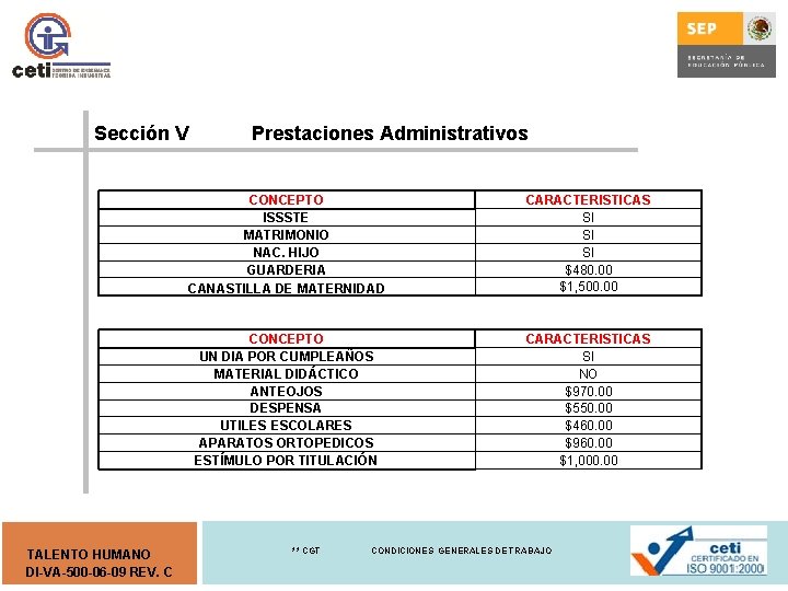 Sección V TALENTO HUMANO DI-VA-500 -06 -09 REV. C Prestaciones Administrativos CONCEPTO ISSSTE MATRIMONIO