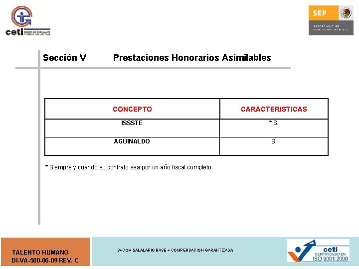 Sección V Prestaciones Honorarios Asimilables CONCEPTO CARACTERISTICAS ISSSTE * SI AGUINALDO SI * Siempre