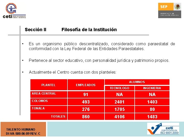 Sección II Filosofía de la Institución • Es un organismo público descentralizado, considerado como