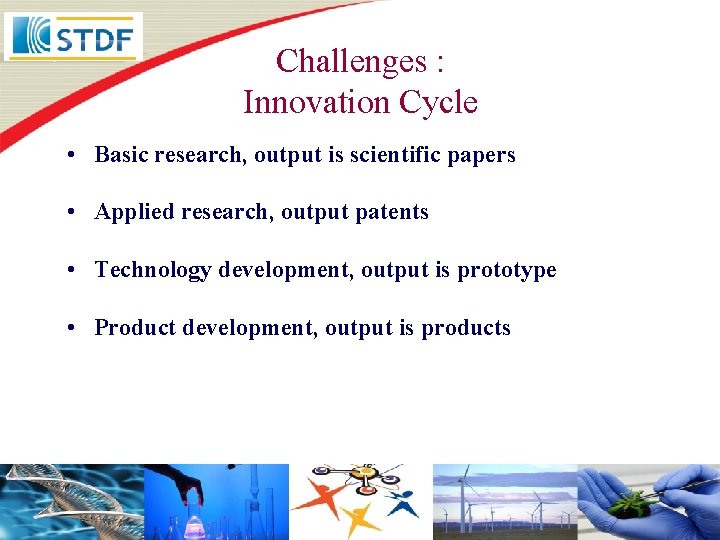 Challenges : Innovation Cycle • Basic research, output is scientific papers • Applied research,