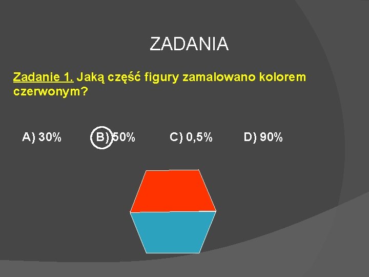 ZADANIA Zadanie 1. Jaką część figury zamalowano kolorem czerwonym? A) 30% B) 50% C)