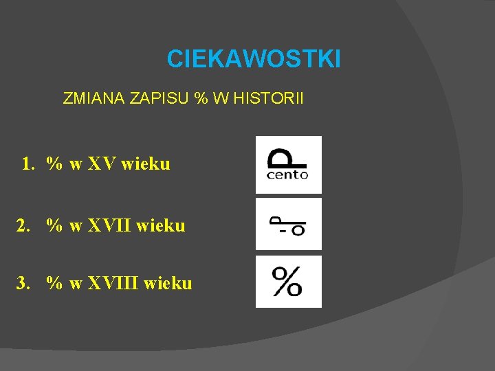 CIEKAWOSTKI ZMIANA ZAPISU % W HISTORII 1. % w XV wieku 2. % w