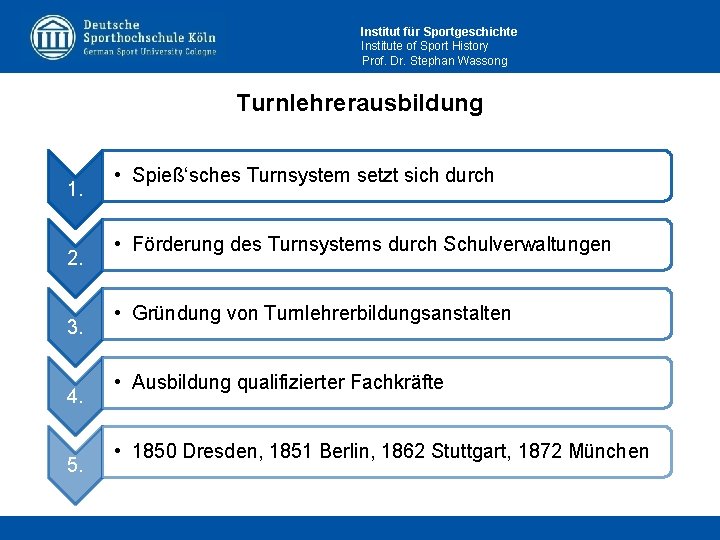 Institut für Sportgeschichte Institute of Sport History Prof. Dr. Stephan Wassong Turnlehrerausbildung 1. 2.