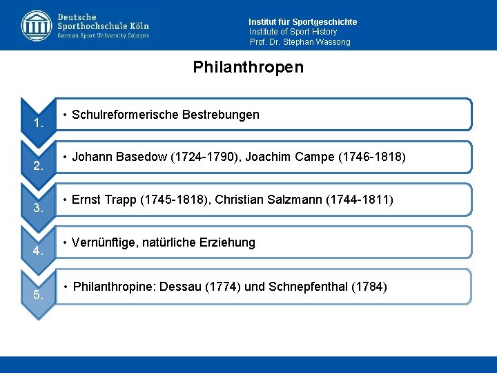 Institut für Sportgeschichte Institute of Sport History Prof. Dr. Stephan Wassong Philanthropen 1. 2.