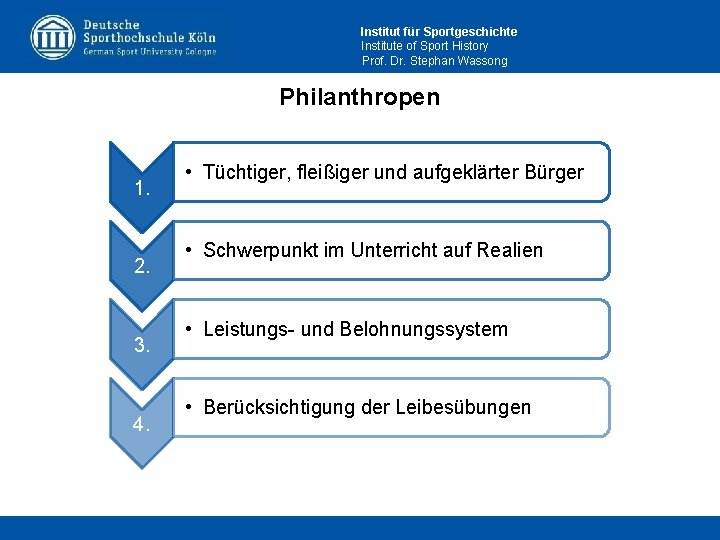 Institut für Sportgeschichte Institute of Sport History Prof. Dr. Stephan Wassong Philanthropen 1. 2.