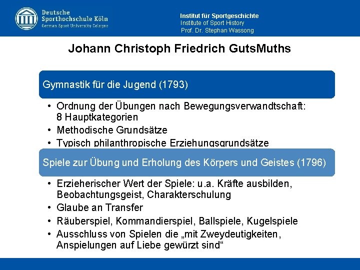 Institut für Sportgeschichte Institute of Sport History Prof. Dr. Stephan Wassong Johann Christoph Friedrich