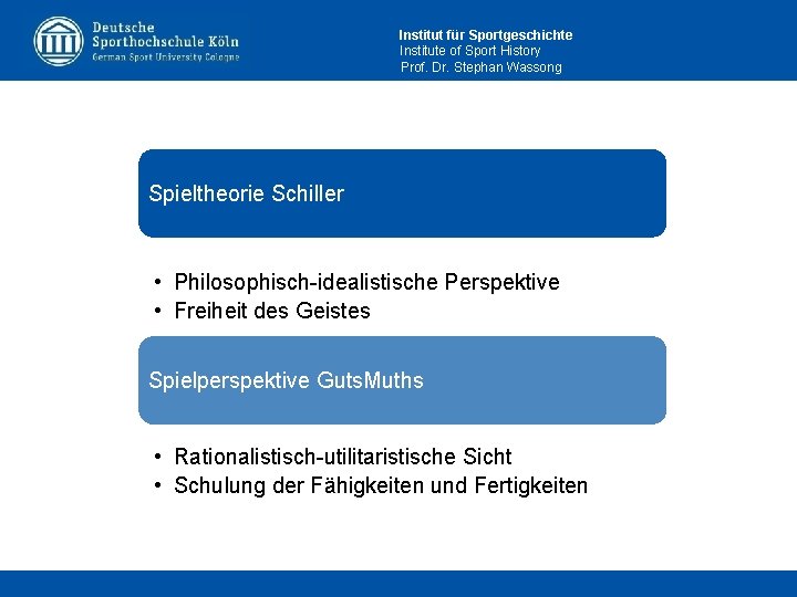 Institut für Sportgeschichte Institute of Sport History Prof. Dr. Stephan Wassong Spieltheorie Schiller •