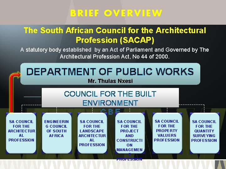BRIEF OVERVIEW The South African Council for the Architectural Profession (SACAP) A statutory body