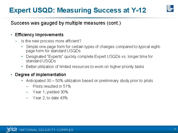 Expert USQD: Measuring Success at Y-12 Success was gauged by multiple measures (cont. )