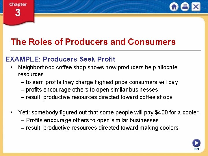 The Roles of Producers and Consumers EXAMPLE: Producers Seek Profit • Neighborhood coffee shop