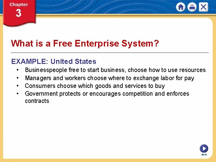 What is a Free Enterprise System? EXAMPLE: United States • • Businesspeople free to