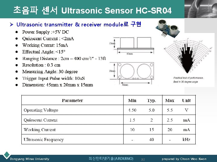 초음파 센서 Ultrasonic Sensor HC-SR 04 LOGO Ø Ultrasonic transmitter & receiver module로 구현