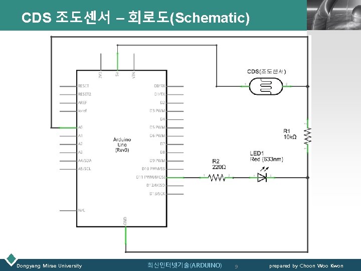 CDS 조도센서 – 회로도(Schematic) Dongyang Mirae University 최신인터넷기술(ARDUINO) 9 LOGO prepared by Choon Woo