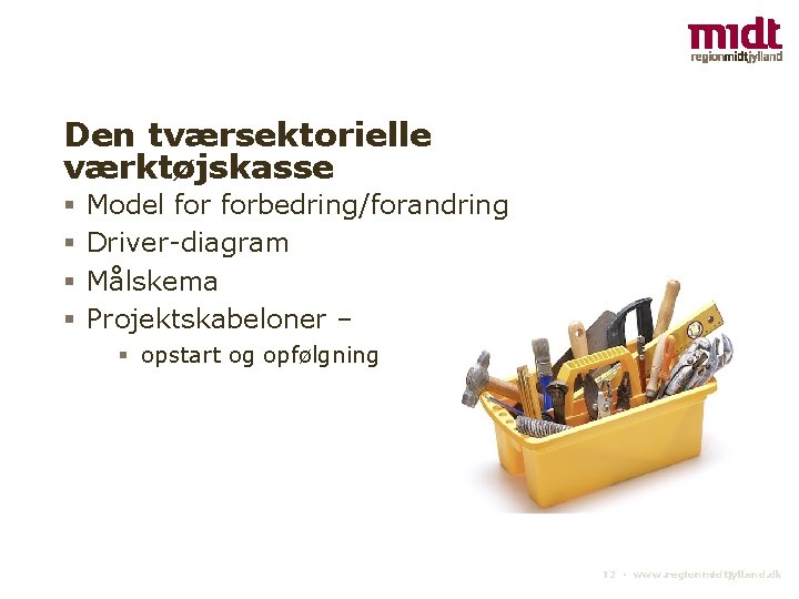 Den tværsektorielle værktøjskasse § § Model forbedring/forandring Driver-diagram Målskema Projektskabeloner – § opstart og