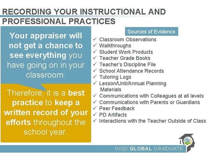 RECORDING YOUR INSTRUCTIONAL AND PROFESSIONAL PRACTICES Your appraiser will not get a chance to