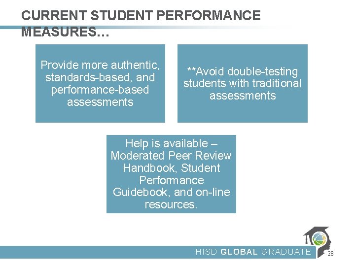 CURRENT STUDENT PERFORMANCE MEASURES… Provide more authentic, standards-based, and performance-based assessments **Avoid double-testing students
