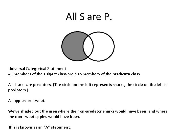 All S are P. Universal Categorical Statement All members of the subject class are