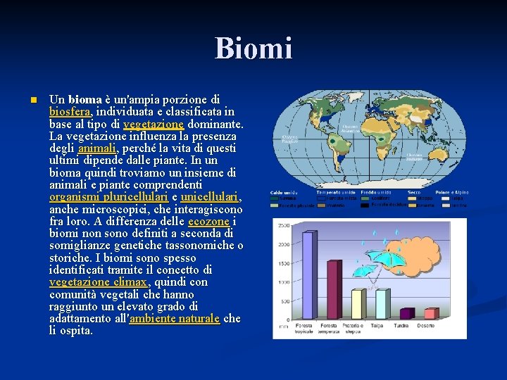 Biomi n Un bioma è un'ampia porzione di biosfera, individuata e classificata in base