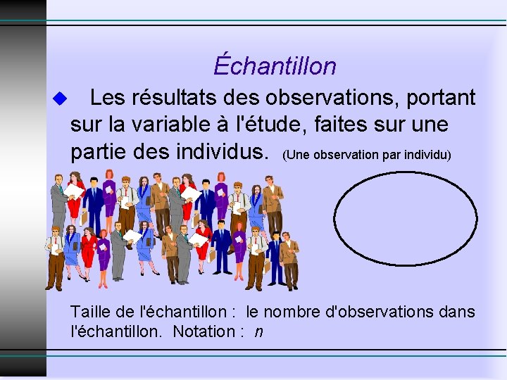 Échantillon u Les résultats des observations, portant sur la variable à l'étude, faites sur