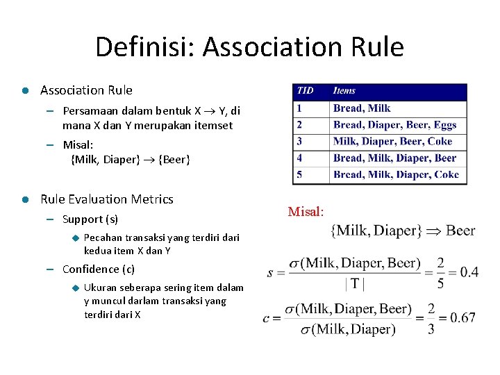 Definisi: Association Rule l Association Rule – Persamaan dalam bentuk X Y, di mana