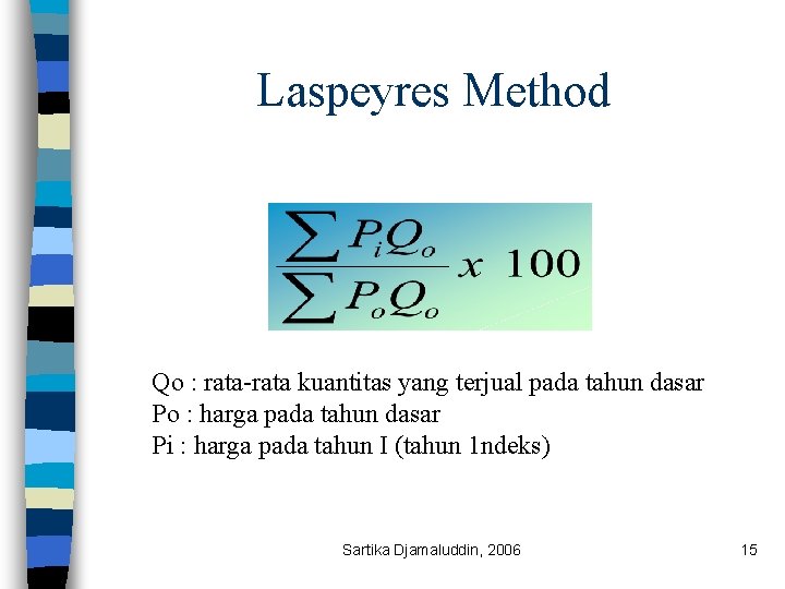 Laspeyres Method Qo : rata-rata kuantitas yang terjual pada tahun dasar Po : harga