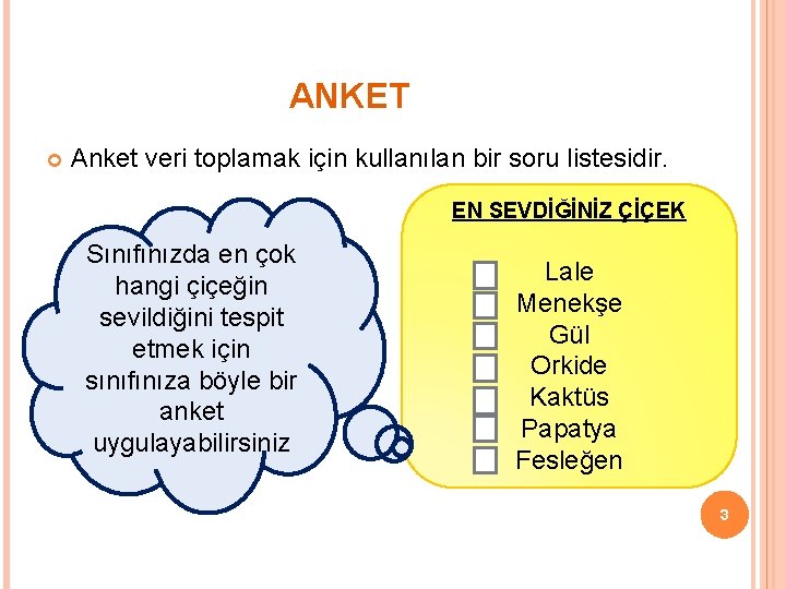 ANKET Anket veri toplamak için kullanılan bir soru listesidir. EN SEVDİĞİNİZ ÇİÇEK Sınıfınızda en