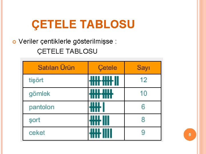 ÇETELE TABLOSU Veriler çentiklerle gösterilmişse : ÇETELE TABLOSU 5 