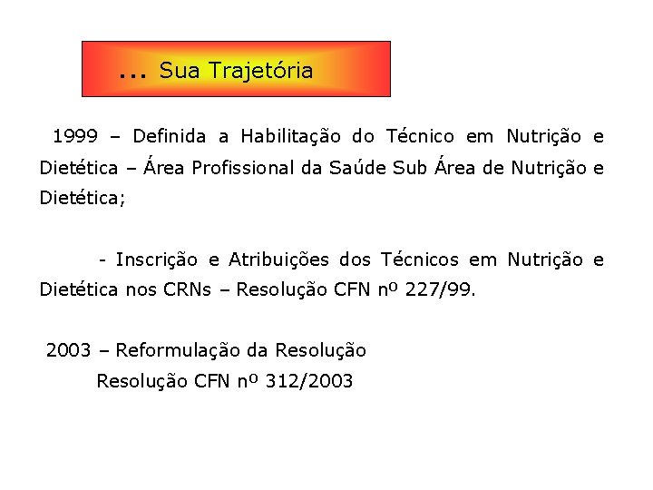 . . . Sua Trajetória 1999 – Definida a Habilitação do Técnico em Nutrição