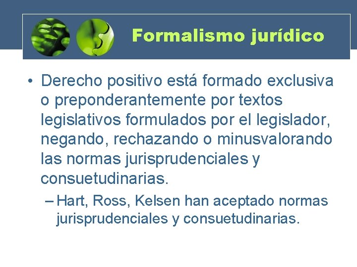 Formalismo jurídico • Derecho positivo está formado exclusiva o preponderantemente por textos legislativos formulados