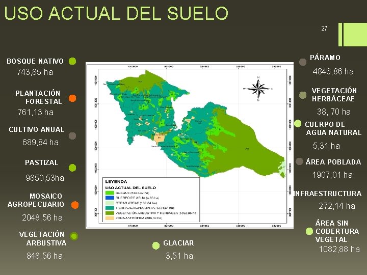 USO ACTUAL DEL SUELO 27 PÁRAMO BOSQUE NATIVO 743, 85 ha 4846, 86 ha