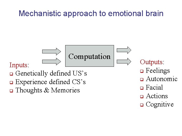 Mechanistic approach to emotional brain Computation Inputs: q Genetically defined US’s q Experience defined