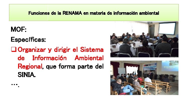 Funciones de la RENAMA en materia de información ambiental MOF: Específicas: q Organizar y