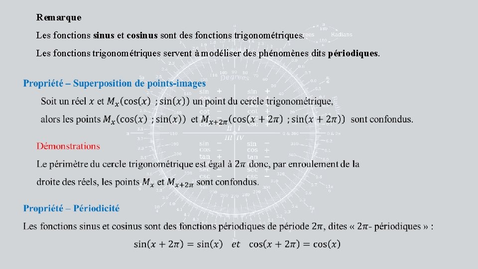 Remarque Les fonctions sinus et cosinus sont des fonctions trigonométriques. Les fonctions trigonométriques servent