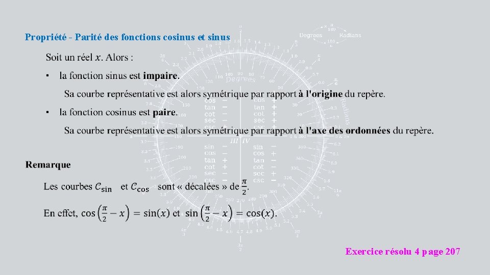Propriété - Parité des fonctions cosinus et sinus Exercice résolu 4 page 207 