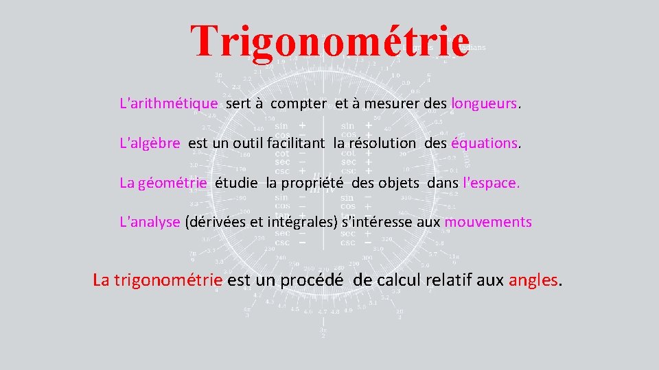 Trigonométrie L'arithmétique sert à compter et à mesurer des longueurs. L'algèbre est un outil