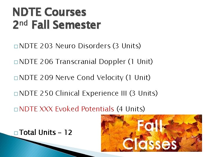 NDTE Courses 2 nd Fall Semester � NDTE 203 Neuro Disorders (3 Units) �