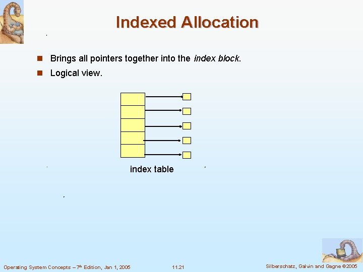 Indexed Allocation n Brings all pointers together into the index block. n Logical view.