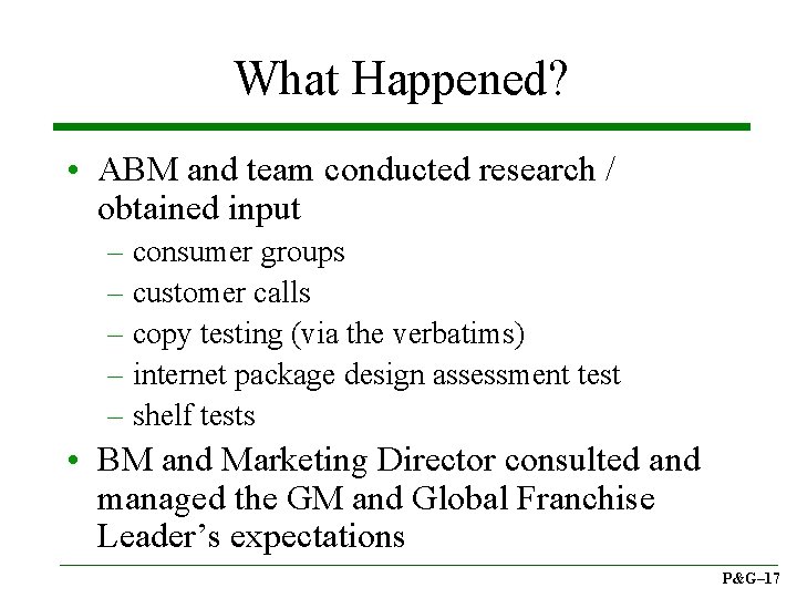 What Happened? • ABM and team conducted research / obtained input – consumer groups